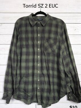 torrid Green and Black Plaid Button-Down Shirt